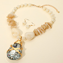 Rhinestone Paved Bold Faceted Teardrop Pendant Accent Marbled Stone Beaded Statement Necklace