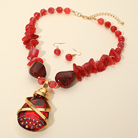 Rhinestone Paved Bold Faceted Teardrop Pendant Accent Marbled Stone Beaded Statement Necklace