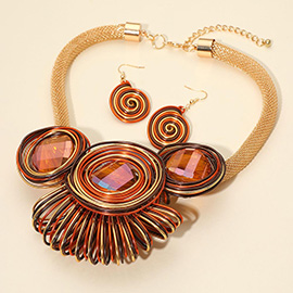 Faceted Round Stone Accent Colorful Metal Coil Wrapped Statement Necklace