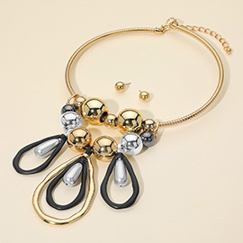 Bold Brushed Metal Teardrop Accent Chunky Ball Beaded Statement Necklace