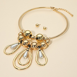 Bold Brushed Metal Teardrop Accent Chunky Ball Beaded Statement Necklace
