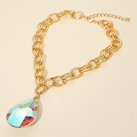 Bold Faceted Teardrop Stone Pendant Accent Chunky Chain Statement Necklace