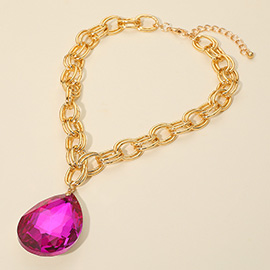 Bold Faceted Teardrop Stone Pendant Accent Chunky Chain Statement Necklace
