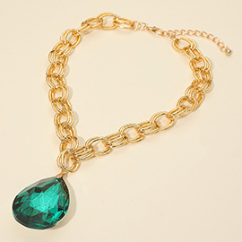 Bold Faceted Teardrop Stone Pendant Accent Chunky Chain Statement Necklace