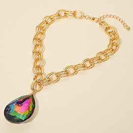 Bold Faceted Teardrop Stone Pendant Accent Chunky Chain Statement Necklace
