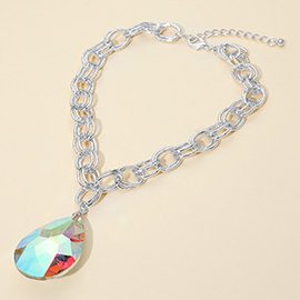 Bold Faceted Teardrop Stone Pendant Accent Chunky Chain Statement Necklace