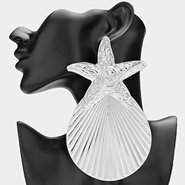 Oversized Textured Metal Starfish Seashell Drop Statement Earrings