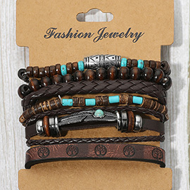 6PCS - Boho Western Feather Charm Accent Braided Adjustable Wooden Beaded Stretch Multi Layered Bracelets