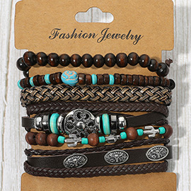 6PCS - Boho Tribal Theme Braided Adjustable Wooden Beaded Stretch Multi Layered Bracelets