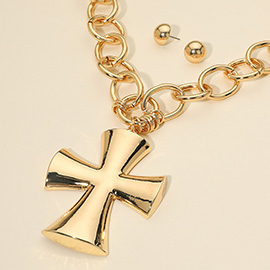 Chunky Matte Metal Cross Pendant Pointed Chain Necklace