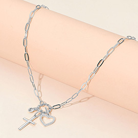 Metal Cross Pearl Open Heart Charm Pendant Paperclip Chain Necklace