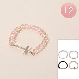12PCS - Crystal Cross Charm Beaded Stretch Bracelets