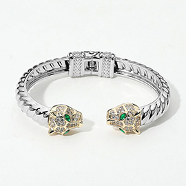 14K Gold Plated Two Tone CZ Stone Paved Panthere Head Tip Hinged Bangle Bracelet