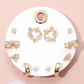 6Pairs - Elegant Pearl Vine Bow Hoop Earring Set