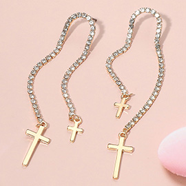 Sparkling Crystal Chain Metal Cross Drop Earrings