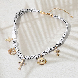 Cross Heart Sunburst Charm Bandana Fabric Necklace
