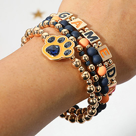 4PCS - GAME DAY Message Paw Charm Beaded Stretch Multi Layered Bracelets