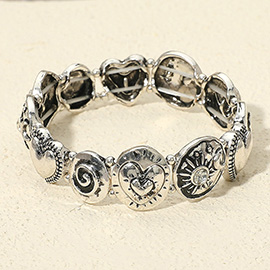 Vintage Stone Accent Antique Metal Mixed Heart Swirl Sunburst Crescent Charm Beaded Stretch Bracelet