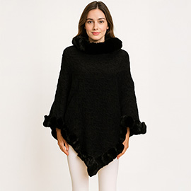 Textured Faux Fur Trim Cape Poncho