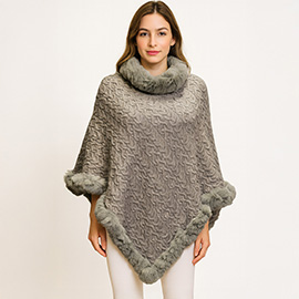 Textured Faux Fur Trim Cape Poncho
