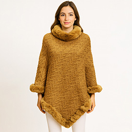 Textured Faux Fur Trim Cape Poncho