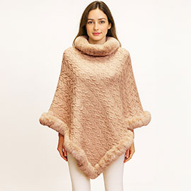 Textured Faux Fur Trim Cape Poncho