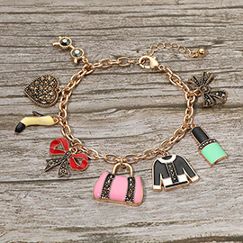 Stone Paved Heart Bow High Heel Bag Lipstick Charm Station Bracelet