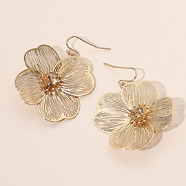 Stone Centered Pearl Back Detailing Metal Filigree Flower Drop Earrings