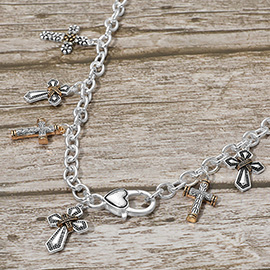 Antique Metal Multi Cross Charm Station Necklace