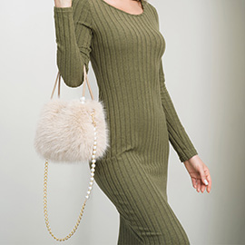 Fuzzy Faux Fur Pearl Strap Handbag / Crossbody Bag