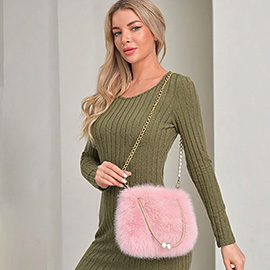 Fuzzy Faux Fur Pearl Strap Handbag / Crossbody Bag