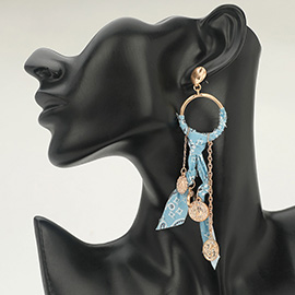 Religious Medal Drop Fabric Knot Statement Earrings