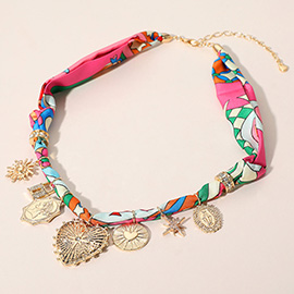 Heart Starburst Lock Religious Medal Charm Station Fabric Statement Necklace