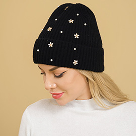 Flower Stone Charm Pearl Embellished Knitted Winter Beanie Hat
