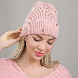 Flower Stone Charm Pearl Embellished Knitted Winter Beanie Hat