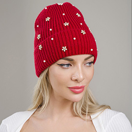 Flower Stone Charm Pearl Embellished Knitted Winter Beanie Hat