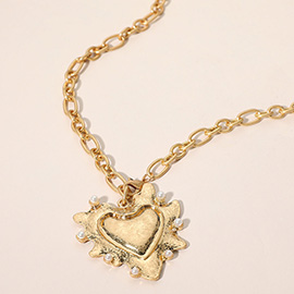 Worn Metal Heart Pendant Chunky Chain Long Necklace