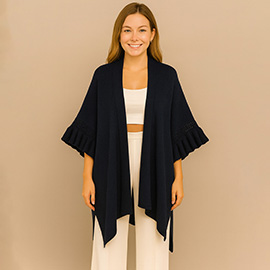 Solid Knit Open Front Punched Ruffle Sleeves Kimono Poncho