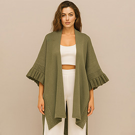 Solid Knit Open Front Punched Ruffle Sleeves Kimono Poncho