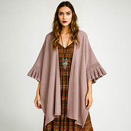 Solid Knit Open Front Punched Ruffle Sleeves Kimono Poncho