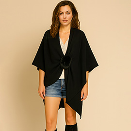 Fur Strap Trim Solid Knit Ruana Poncho