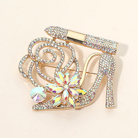 Rhinestone Embellished Flower Accent Glam High Heel Lipstick Pin Brooch