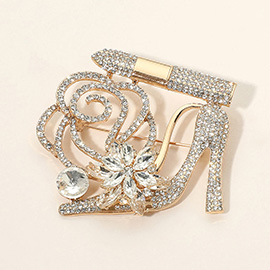 Rhinestone Embellished Flower Accent Glam High Heel Lipstick Pin Brooch