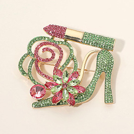 Rhinestone Embellished Flower Accent Glam High Heel Lipstick Pin Brooch