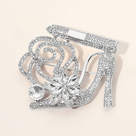 Rhinestone Embellished Flower Accent Glam High Heel Lipstick Pin Brooch