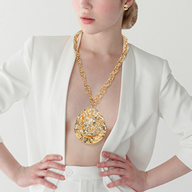 Bold Textured Metal Teardrop Plate Pendant Statement Necklace