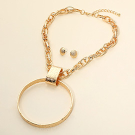 Bold Textured Metal Ring Pendant Statement Necklace
