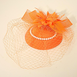 Flower Bead Feather Netting Pearl Accented Fascinator / Headband