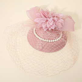 Flower Bead Feather Netting Pearl Accented Fascinator / Headband