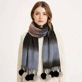 Pom Pom Tassel Trim Color Block Scarf